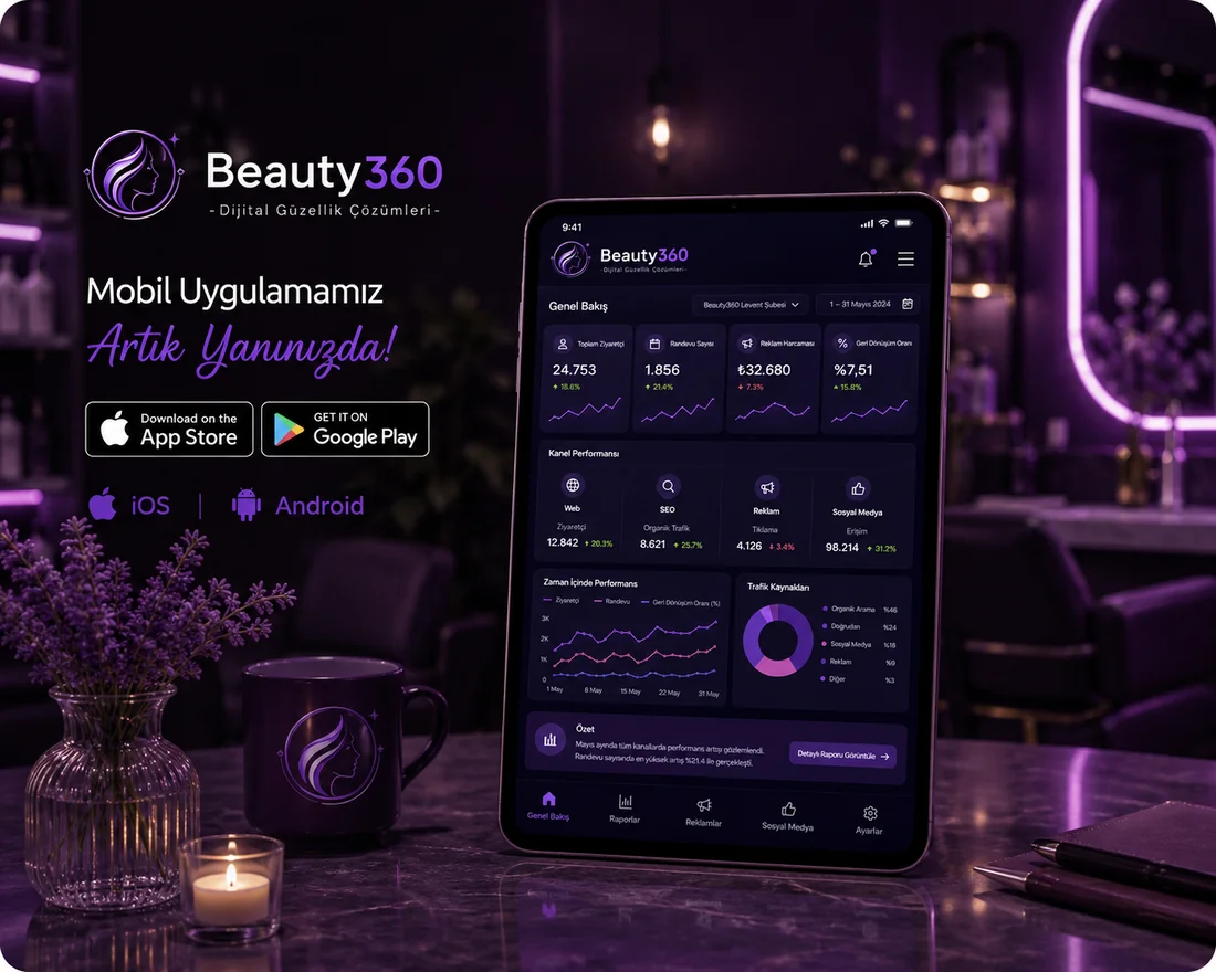 Beauty360 yönetim paneli — demoda canlı göreceğiniz dijital performans ekranı